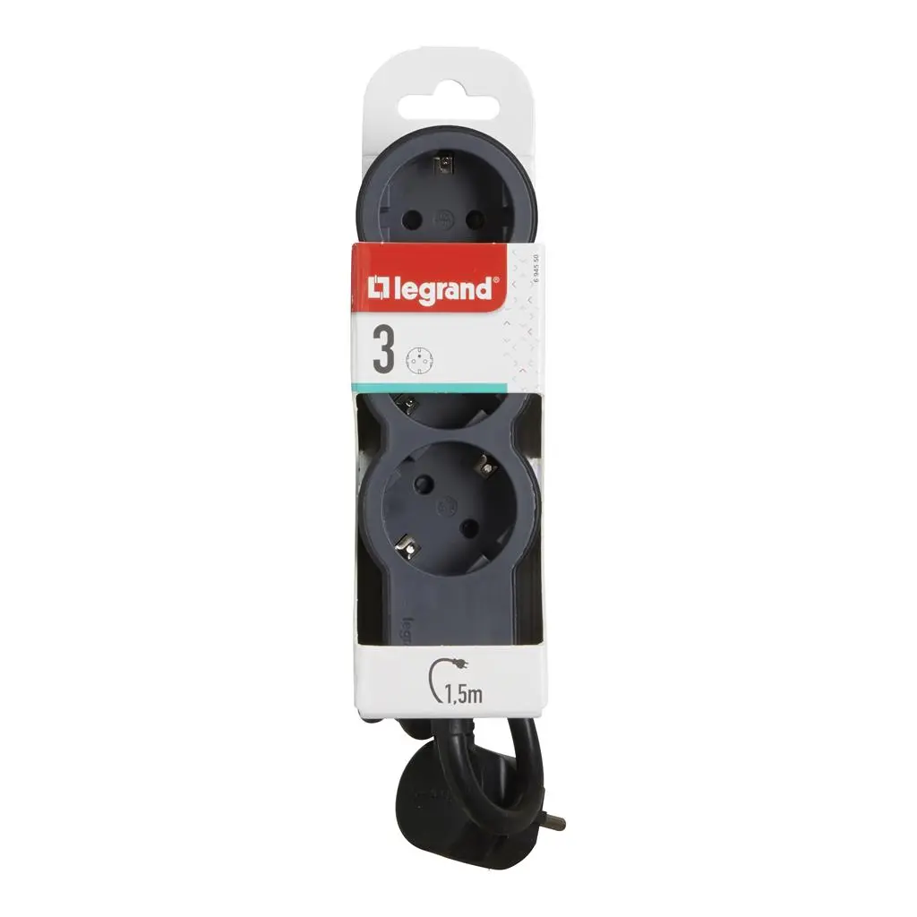Разклонител Legrand, 3x2P+E,1.5m кабел, черно/сив