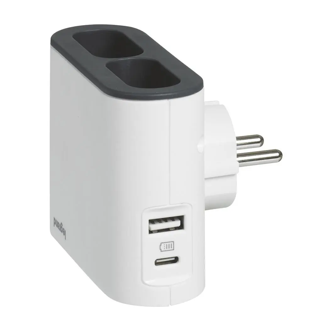 Еднопосочен разклонител 2x 2P еврощепсел 6A и 2 странични гнезда USB тип A+C 15W 3A бяло/сиво, Legrand