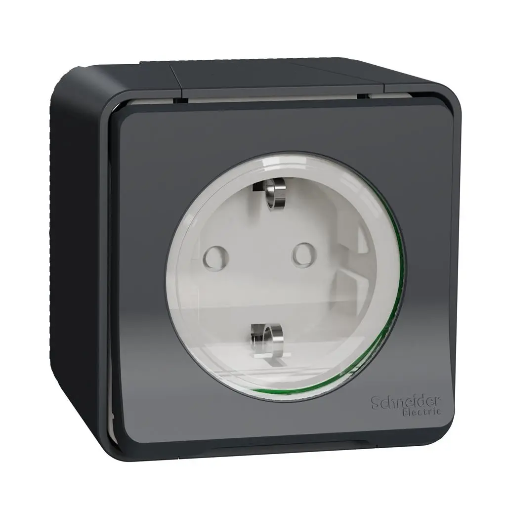 Единичен контакт Schneider Mureva ПКОМ IP55 с детска защита и винт. клеми АНТРАЦИТ - Image 3