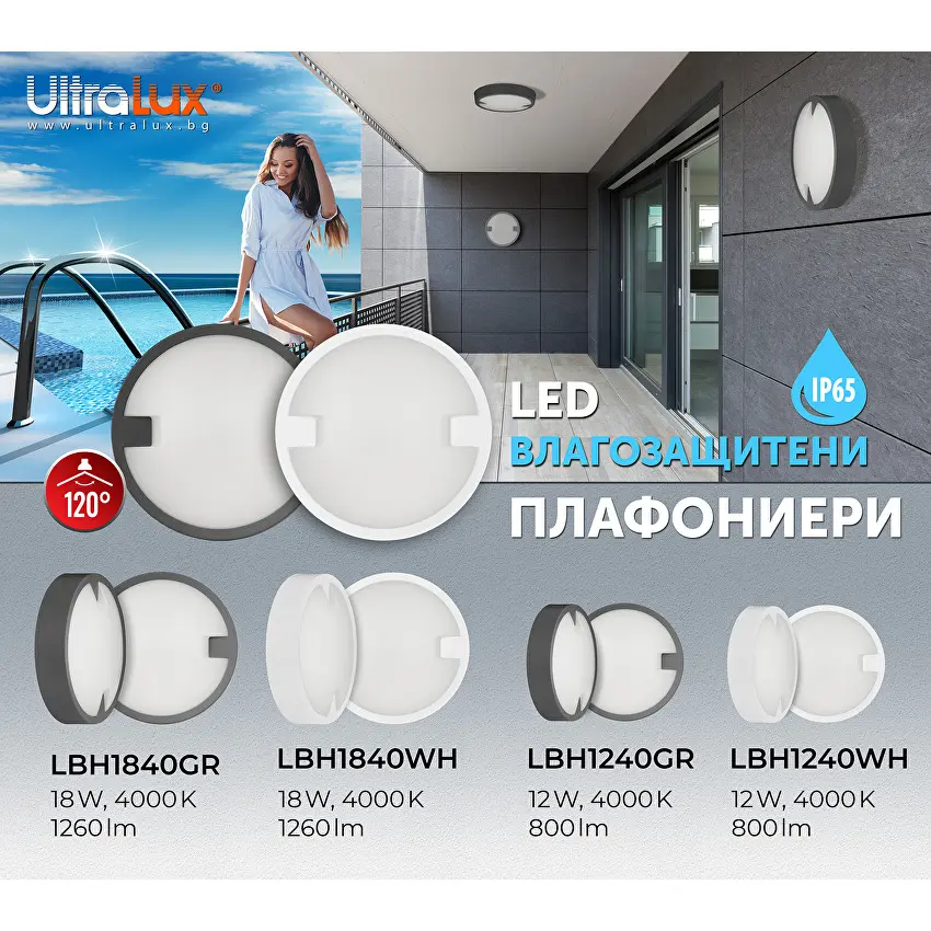 LED плафониера ULTRALUX,кръг,18W,бяла,IP65 - Image 3
