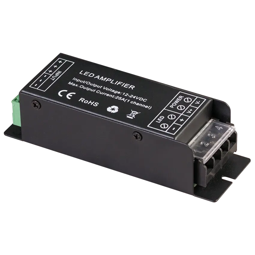 Усилвател за едноцветнa LED лента, 25A, 300W (12V), 12-24V DC
