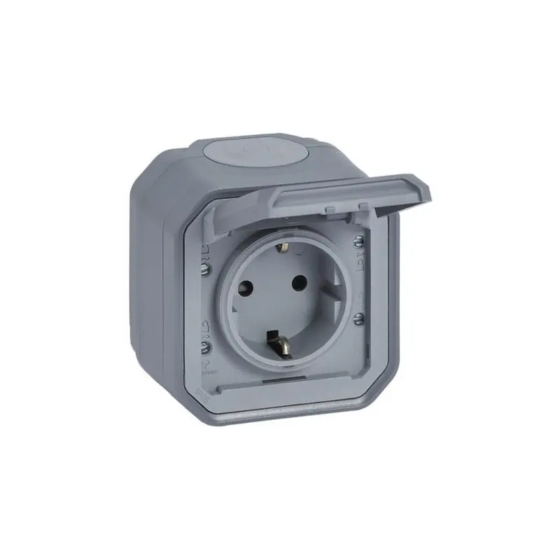 Контакт Plexo Legrand немски стандарт винтови клеми 2P+E 16A-250V, сив сглобен открит монтаж