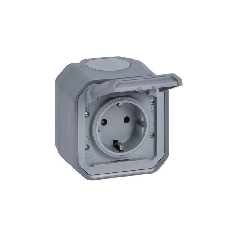 Контакт Plexo Legrand немски стандарт винтови клеми 2P+E 16A-250V, сив сглобен открит монтаж